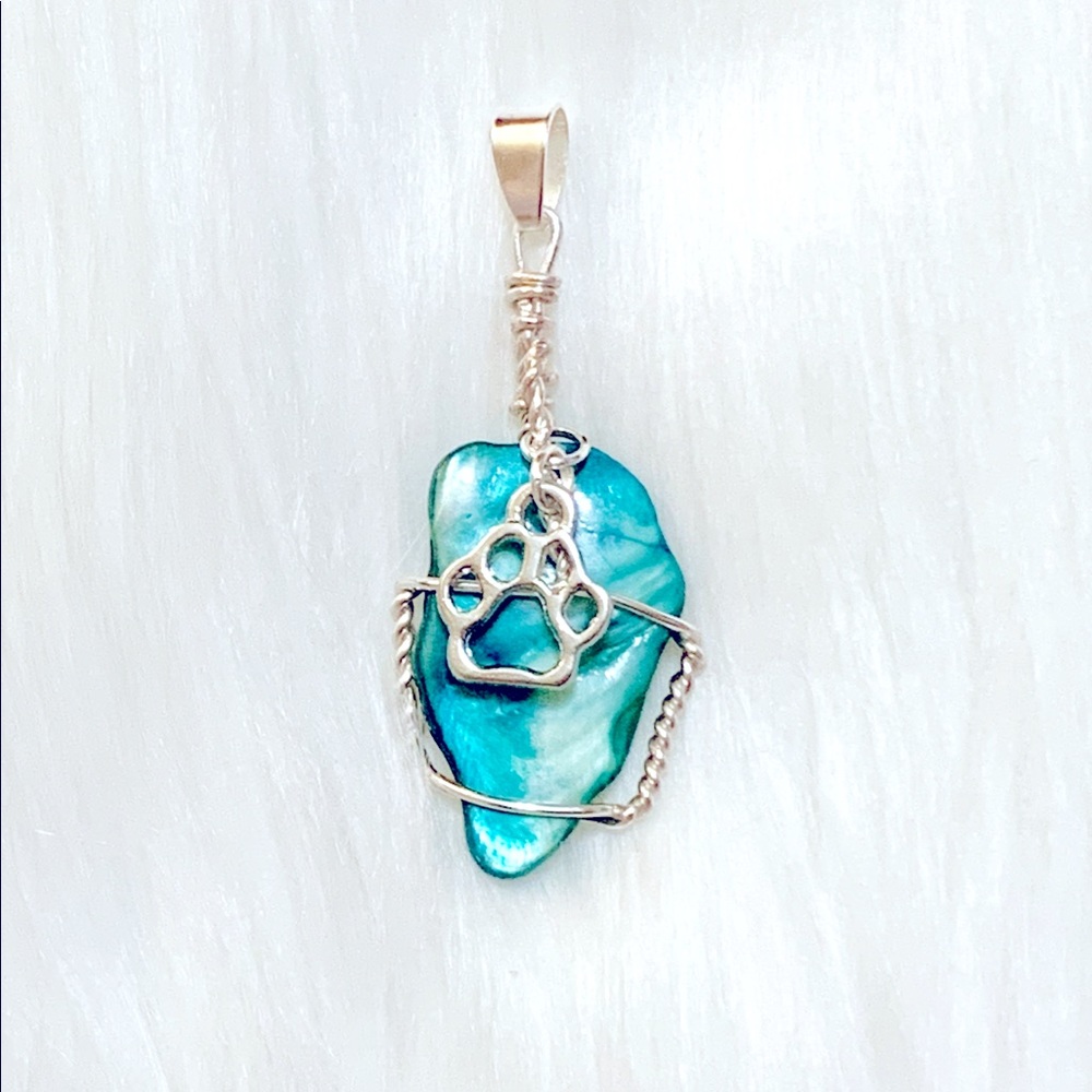 Wire Wrapped Blue Shell And Paw Pendant Necklace